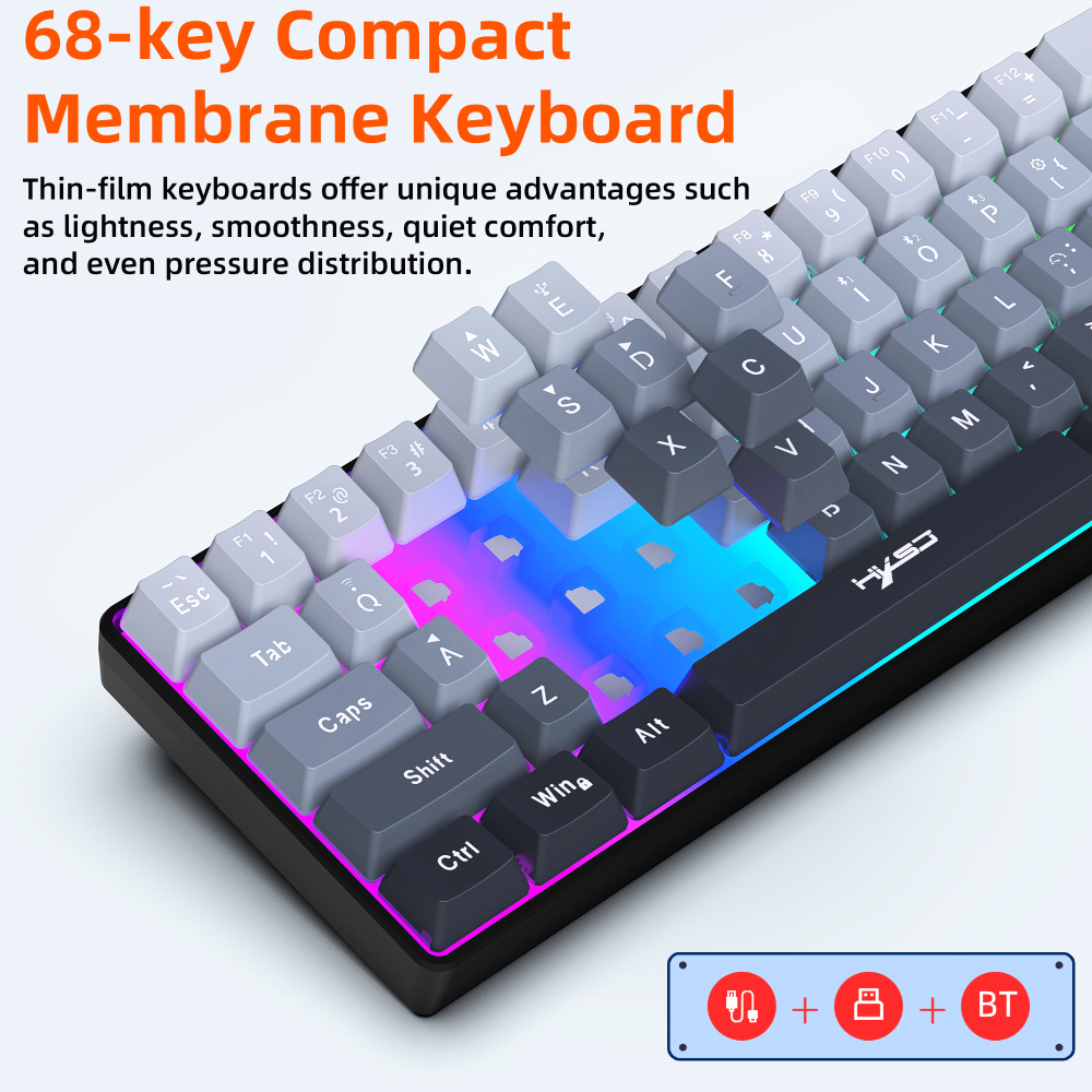 68-key tri-mode wireless Bluetooth membrane gaming keyboard with conflict-free 25 keys, suitable for desktops and laptops, ideal for gamers.